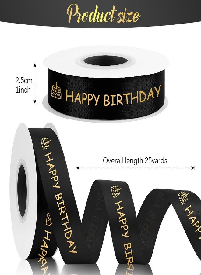 STARKET 25 Yards Happy Birthday Ribbon for Flower Bouquet Black 1 Inch Black Ribbon for Gift Wrapping Birthday Ribbons with Gold Printed for Decor Bow for Cake - Image 2